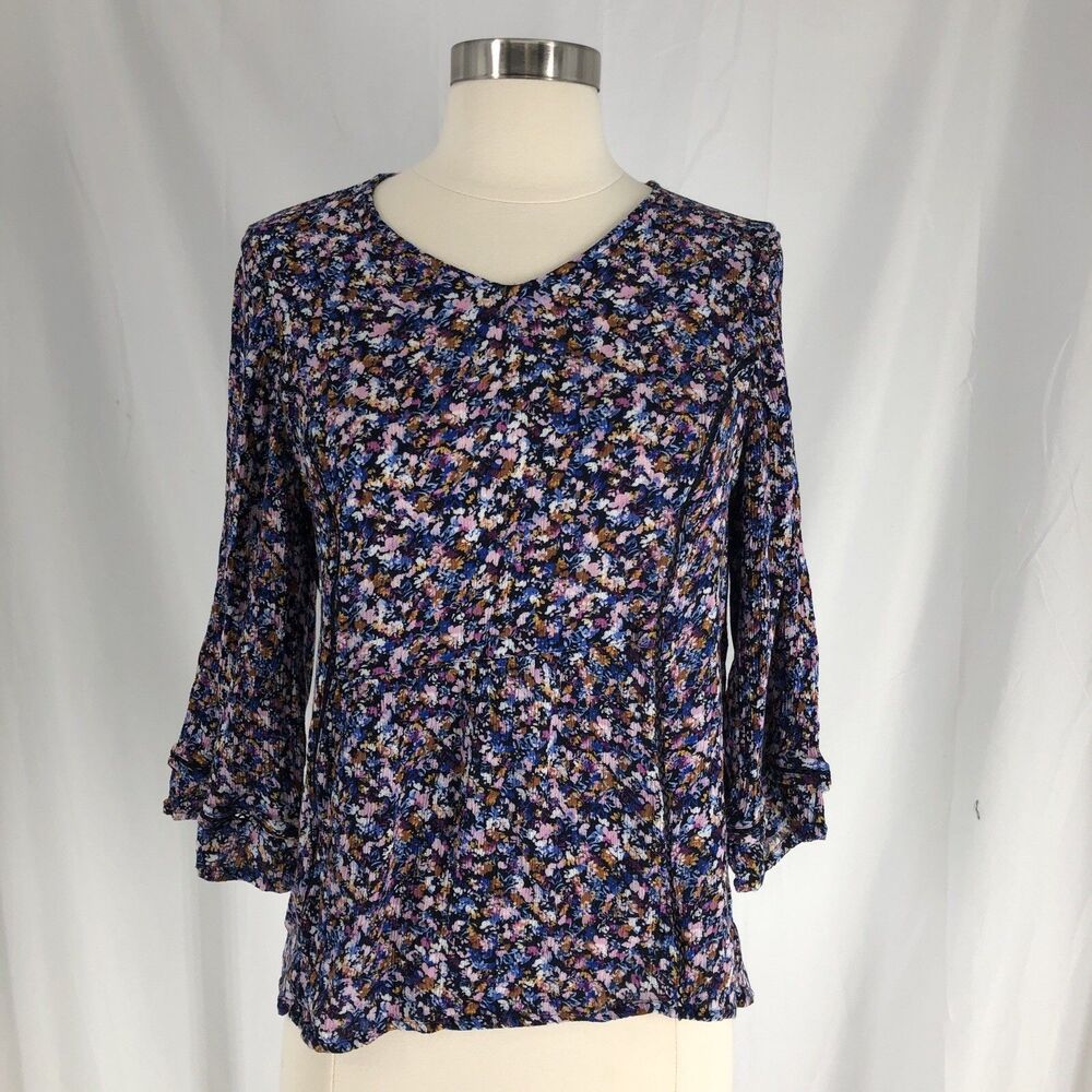 J.Jill Floral Blouse Small Petite Boho Peasant Top 3/4 Sleeve Rayon